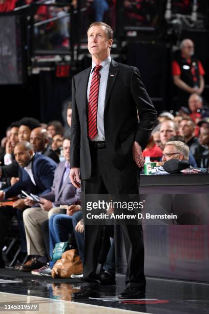 Head Coach Terry Stotts of the Portland Trail Blazers looks on against the Golden State Warriors during Game Four of the Western Conference Finals on...