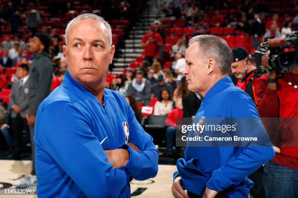 Referees Jason Phillips and Mike Callahan look on before Game Four of the Western Conference Finals between the Golden State Warriors and the...