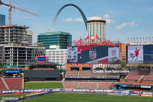 General view of Busch Stadium with the Gateway Arch and the downtown skyline is seen prior to game action during an international friendly match...