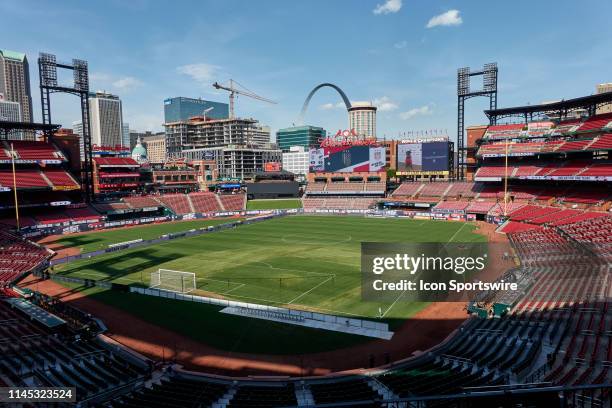 General view of Busch Stadium with the Gateway Arch and the downtown skyline is seen prior to game action during an international friendly match...