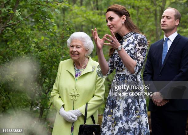 Britain's Catherine, Duchess of Cambridge shows Britain's Queen Elizabeth II and Britain's Prince William, Duke of Cambridge, around the 'Back to...