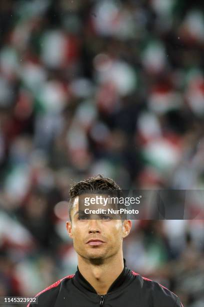 Cristiano Ronaldo of Juventus FC looks on before the serie A match between Juventus FC and Atalanta BC at Allianz Stadium on May 19, 2019 in Turin,...