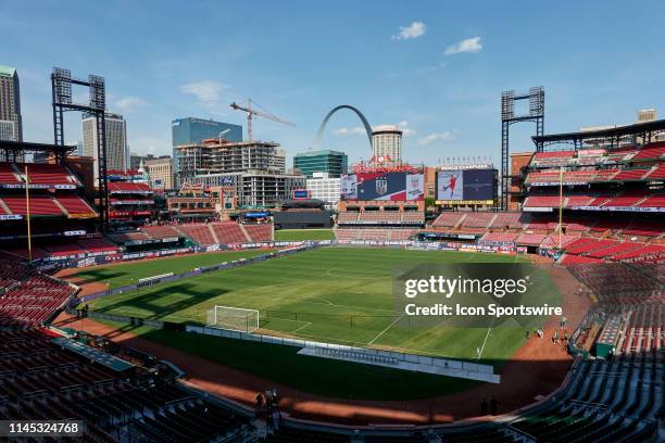 General view of Busch Stadium with the Gateway Arch and the downtown skyline is seen prior to game action during an international friendly match...