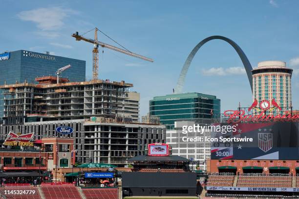 General view of Busch Stadium with the Gateway Arch and the downtown skyline is seen prior to game action during an international friendly match...