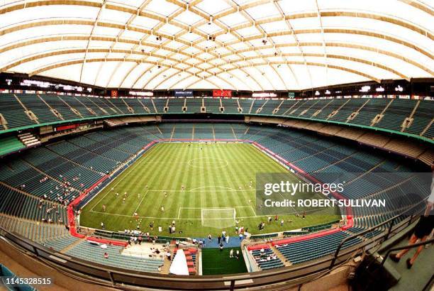 The Swiss team practices in the Pontiac, Michigan Silverdome 17 June 1994, site of the first ever indoor World Cup match on natural turf. The Swiss...