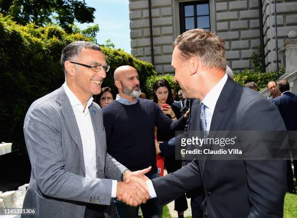 Andriy Shevchenko and Giuseppe Bergomi attend Special Teams Legends Onlus Press Conference on May 21, 2019 in Milan, Italy.