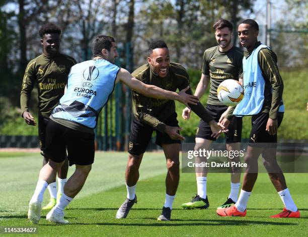 Pierre-Emerick Aubameyang and Henrikh Mkhitaryan of Arsenal during the Arsenal Training session at London Colney on May 21, 2019 in St Albans,...