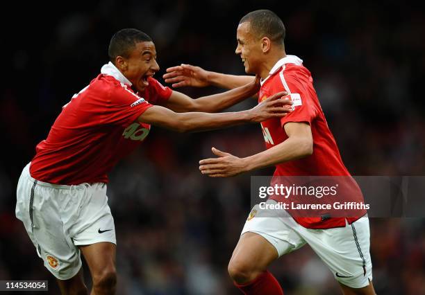 Ravel Morrison of Manchester United celebrates his first half goal with Jesse Lingard during the FA Youth Cup Final 2nd Leg match between Manchester...