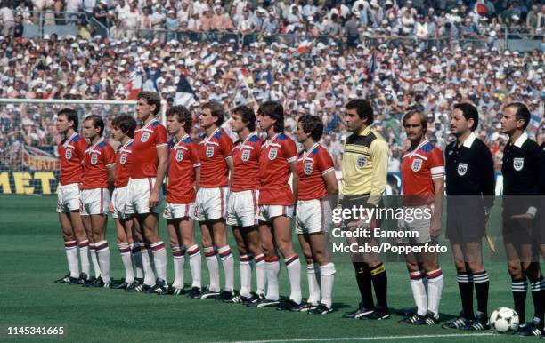 England line up for the national anthems before the 1982 FIFA World Cup Group 4 match between England and France at the San Mames Stadium on June 16,...