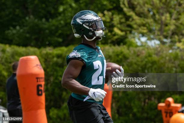 Philadelphia Eagles running back Jordan Howard runs with the ball during the Philadelphia Eagles OTA on May 21, 2019 at the Novacare Training Complex...