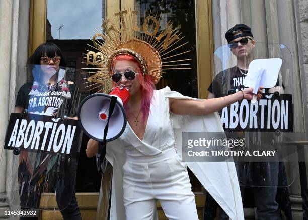 Viva Ruiz from "Thank God For Abortion" takes part in an abortion rights rally in front of the Middle Collegiate Church in the East Village of New...