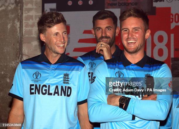 England's Joe Root, Liam Plunkett and Jason Roy during the New Balance England Kit unveiling in St Katherines and Wapping, London.