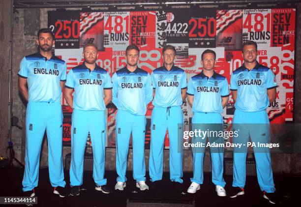 England's Liam Plunkett, Jonny Bairstow, Jason Roy, Joe Root, Eoin Morgan and Jos Buttler during the New Balance England Kit unveiling in St...