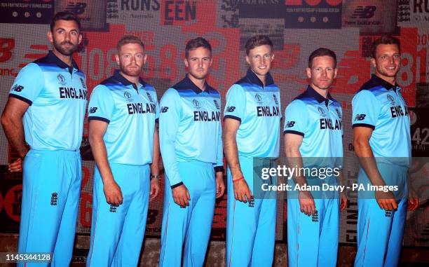 England's Liam Plunkett, Jonny Bairstow, Jason Roy, Joe Root, Eoin Morgan and Jos Buttler during the New Balance England Kit unveiling in St...