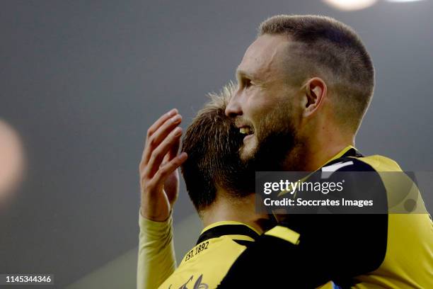 Tim Matavz of Vitesse celebrates 3-0 with Martin Odegaard of Vitesse during the Dutch Eredivisie match between Vitesse v FC Groningen at the...