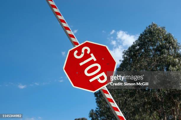 stop sign on an open boom barrier gate - grenzenlos stockfoto's en -beelden