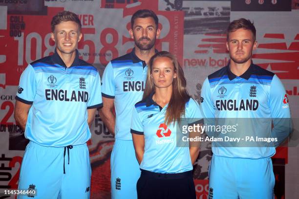 England's Joe Root, Liam Plunkett, Danielle Wyatt and Jason Roy during the New Balance England Kit unveiling in St Katherines and Wapping, London.