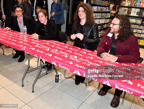 Bob Hall, Van McCann, Benji Blakeway and Johnny Bond of Catfish And The Bottlemen during an instore event to celebrate the release of their new album...