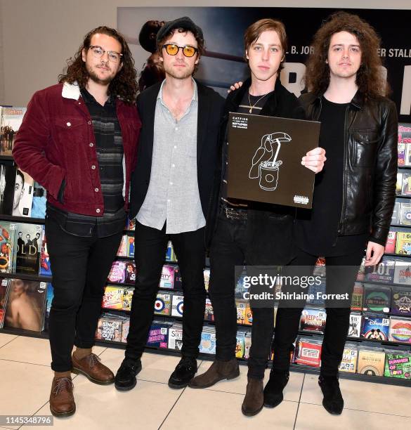Johnny Bond, Bob Hall, Van McCann and Benji Blakeway of Catfish And The Bottlemen during an instore event to celebrate the release of their new album...