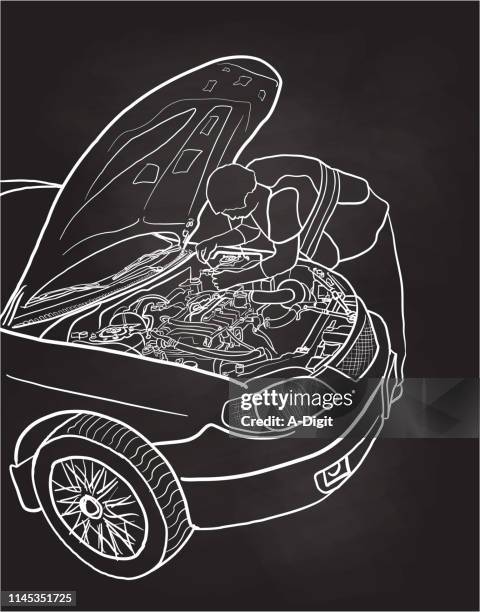 ilustraciones, imágenes clip art, dibujos animados e iconos de stock de fijación de la pizarra del coche - abrir garaje