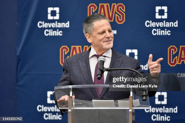 Dan Gilbert, owner of the Cleveland Cavaliers, introduces John Beilein as the new head coach during a press conference on May 21, 2019 at Cleveland...
