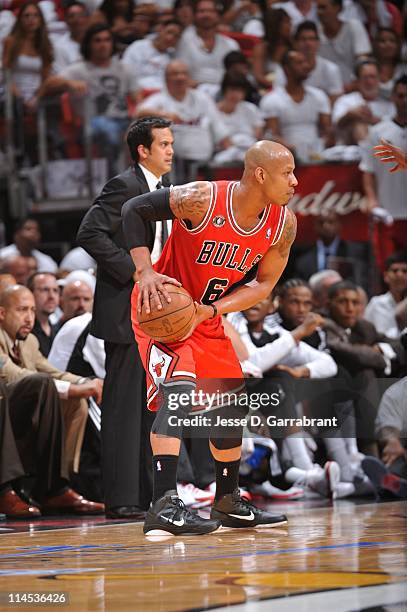 Chicago Bulls shooting guard Keith Bogans protects the ball during the play against the Miami Heat in Game Three of the Eastern Conference Finals in...