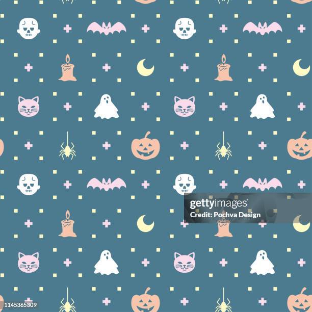 halloween themed seamless pattern - cute ghost vector stock illustrations