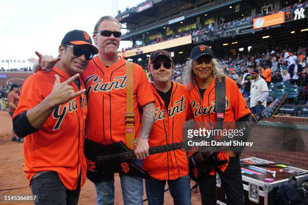 Metallica poses prior to the game between the San Francisco Giants and the New York Yankees at Oracle Park on April 26, 2019 in San Francisco,...