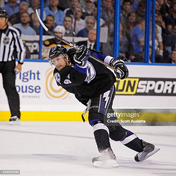 Steven Stamkos of the Tampa Bay Lightning shoots the puck against the Boston Bruins in Game Three of the Eastern Conference Finals during the 2011...