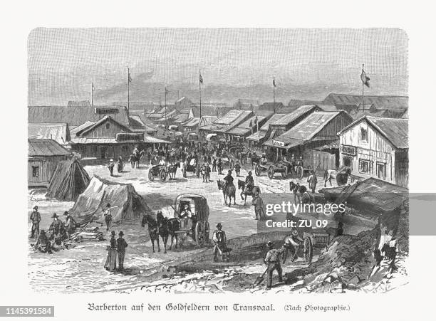 barberton, gold mines of transvaal (south africa), woodcut, published 1897 - transvaal province stock illustrations