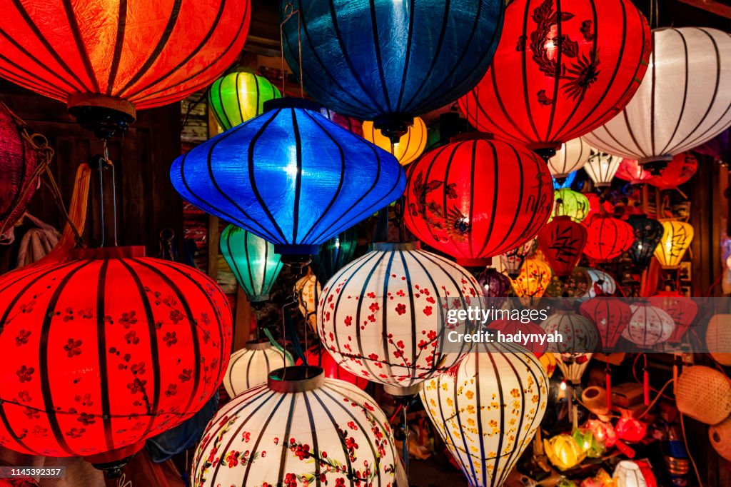 Traditional silk hanging lanterns in Hoi An city, Vietnam
