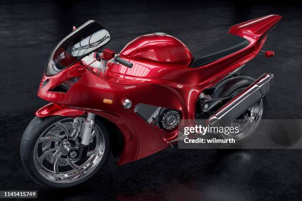 3d-nachgedrechtes bild eines metallischen roten motorrads auf schwarzem hintergrund - motorradsport stock-fotos und bilder
