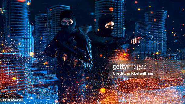 teamwork performed by soldiers from video game holding weapons in warzone at night - terrorism stock pictures, royalty-free photos & images