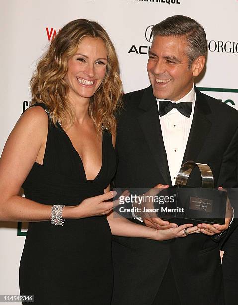Julia Roberts and George Clooney during The 21st Annual American Cinematheque Award Honoring George Clooney - Press Room at Beverly Hilton Hotel in...