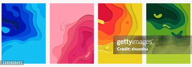 set of color gradient wave flowing pattern paper cut effect background - hollow stock illustrations