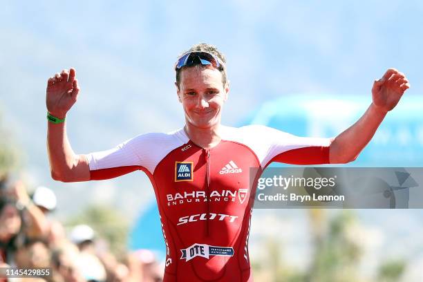 Alistair Brownlee of Great Britain runs down the finishing straight on his way to second place in the IRONMAN 70.3 Marbella on April 27, 2019 in...