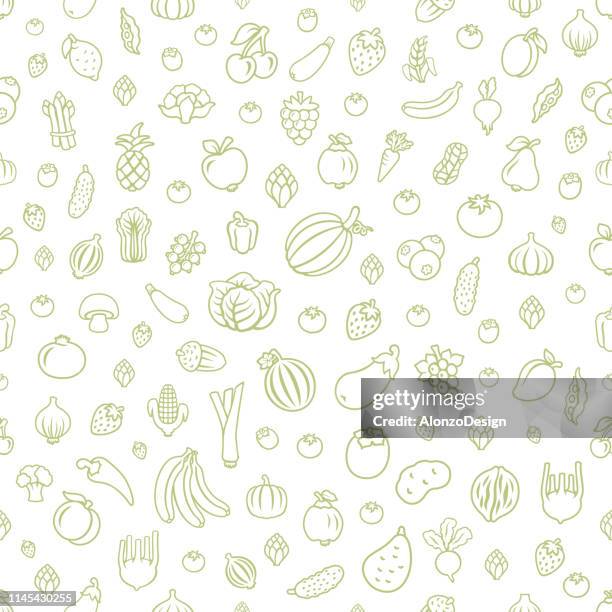 ilustraciones, imágenes clip art, dibujos animados e iconos de stock de frutas y verduras. patrón sin costuras - vegetales