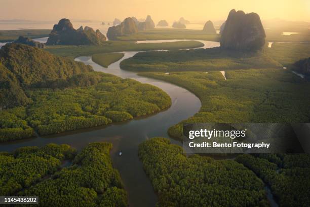 unseen thailand : aerial view of phang nga bay in the morning - vogelpiek stockfoto's en -beelden