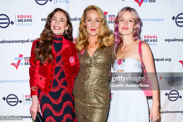 Elizabeth Jagger, Jerry Hall and Georgia May Jagger attend the Equal Means Equal event at Paradise Club at the Times Square Edition on May 21, 2019...