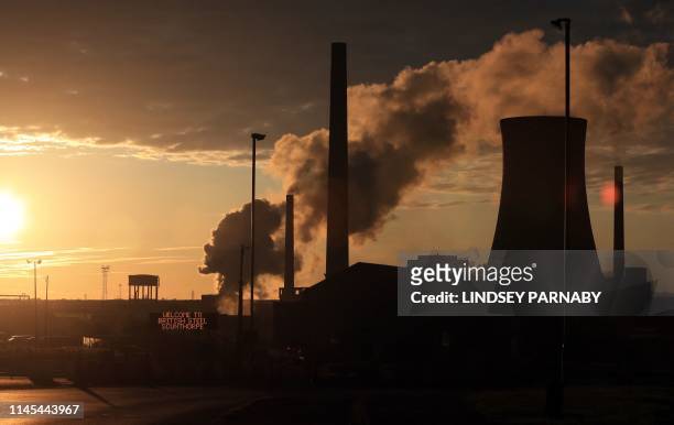 British Steel's Scunthorpe plant is pictured at dawn in north Lincolnshire, north east England on May 22, 2019. A collapse of British Steel,...