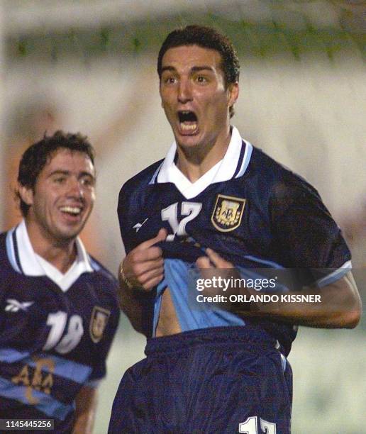 Lionel Scaloni from Argentina celebrates his goal, the first from Argentina against Uruguay 04 February, 2000 in Londrina, Brazil. Lionel Scaloni del...