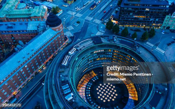 hakaniemi district in helsinki in an aerial view during blue hour - helsinki finland stock pictures, royalty-free photos & images
