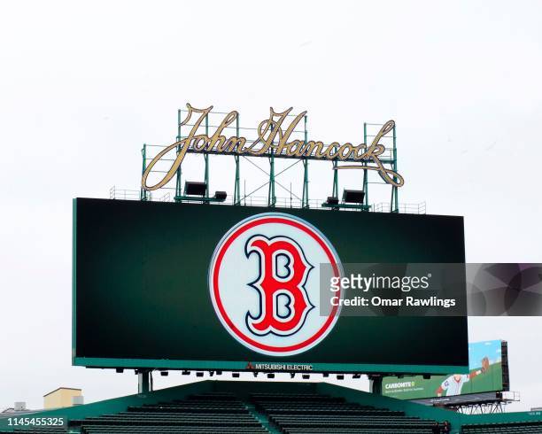 The Boston Red Sox logo on the screen in the outfield before the game between the Boston Red Sox and the Detroit Tigers at Fenway Park on April 23,...