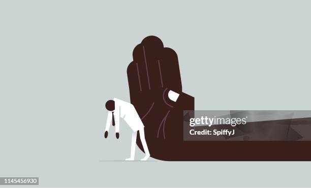 large hand pushing away sad man - hopelessness stock illustrations