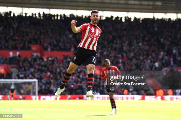 Shane Long of Southampton celebrates after scoring his team's first goal during the Premier League match between Southampton FC and AFC Bournemouth...