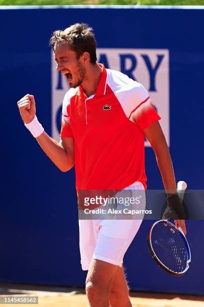 Daniil Medvedev of Russia celebrates defeating Kei Nishikori of Japan during their semifinal match during day six of the Barcelona Open Banc Sabadell...