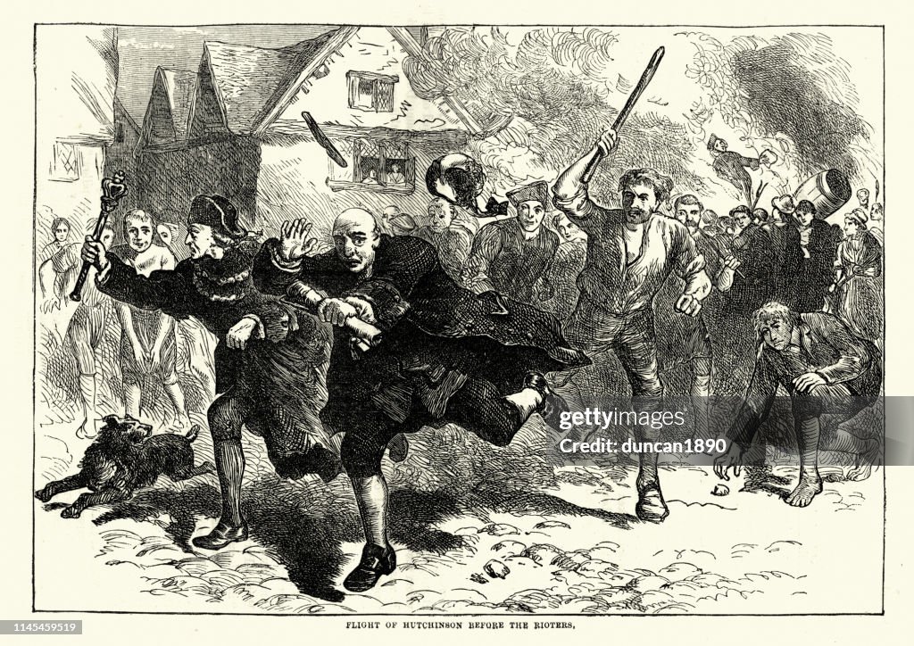 Boston Colonial Riots Boston Riots 1765 Thomas Hutchinson Fleeing The Rioters High-Res Vector ...