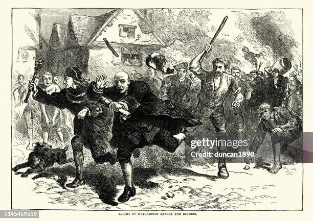 boston riots 1765, thomas hutchinson fleeing the rioters - governor stock illustrations