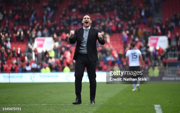 Manager Frank Lampard of Derby County celebrates during the Sky Bet Championship match between Bristol City and Derby County at Ashton Gate on April...