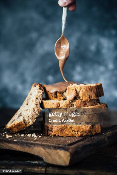 banana bread with nut butter - nut butter stock pictures, royalty-free photos & images